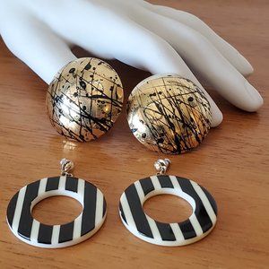 Vintage 1980's Pierced Earrings Set x2 | Plastic Stripes Metal Gold Splatter